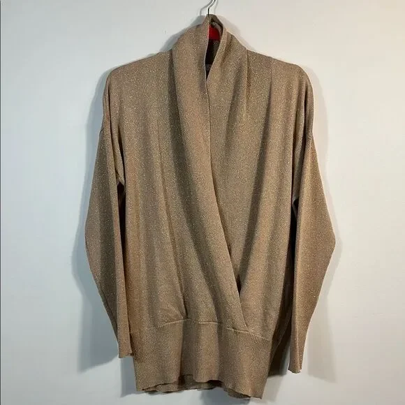 Chaus New York Gold Glitter Sparkle Faux Wrap Sweater Top Women Size Large