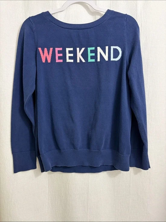 GAP Factory Navy Crewneck Sweater with Multicolor WEEKEND Graphic - Size L