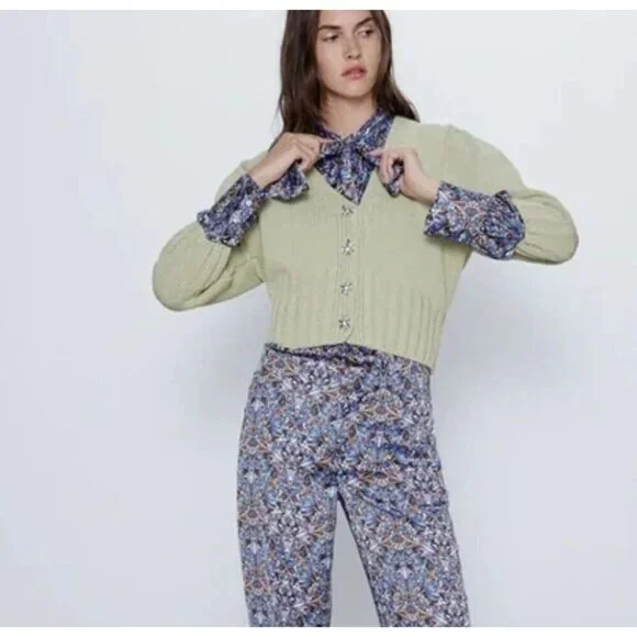 Zara Light Green Jeweled Cardigan Sweater Knit Size S