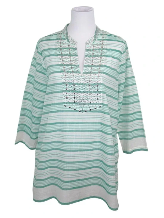 MICHAEL KORS Green and White Striped Studded Tunic Top - Women's Size XL