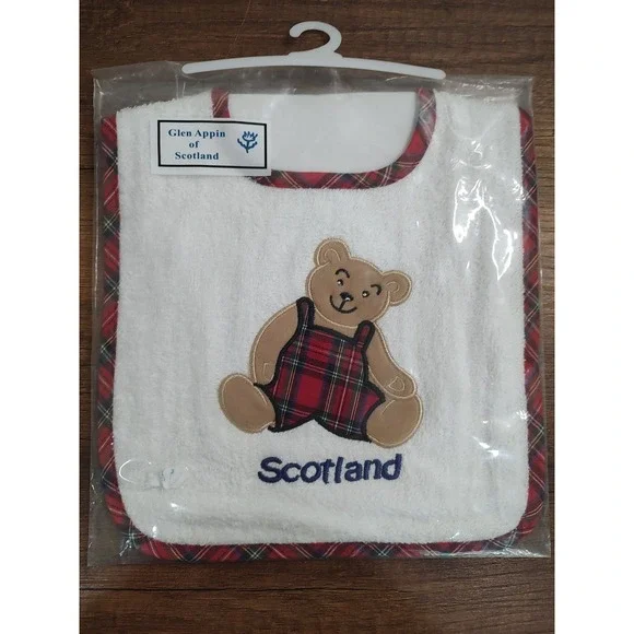Glen Appin of Scotland Infant Baby Bib Teddy Bear Red Green Plaid Terry Cloth