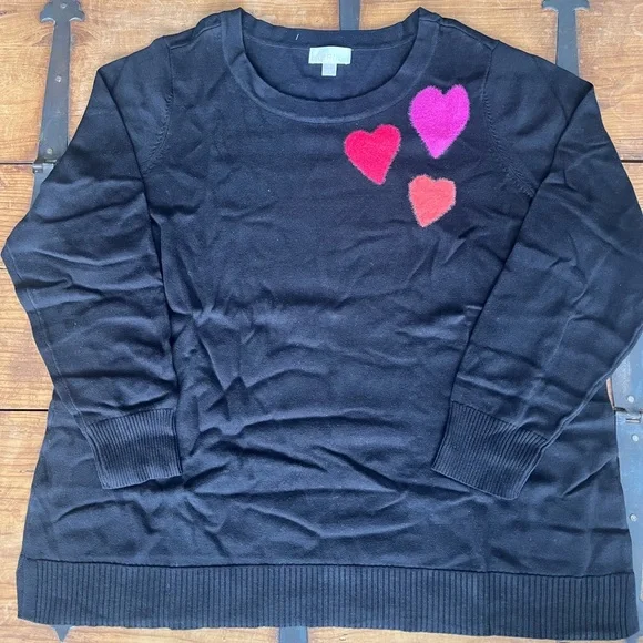 Black Sweater with Pink &‎ Red Heart Appliqués - Women
