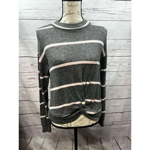 June & Hudson Gray Striped Twist Front Long Sleeve Top, Casual Crewneck Pullover