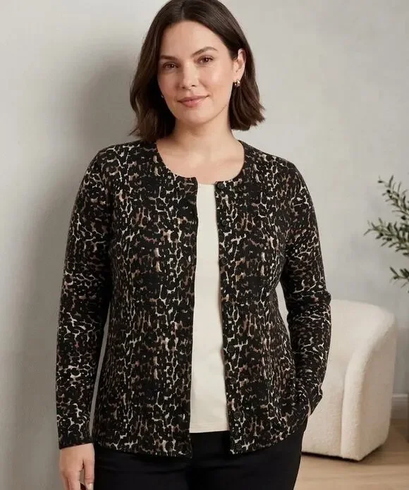Talbots Leopard Print Cardigan Sweater L 100% Merino Wool Button Front
