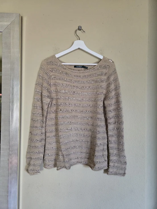 Lauren Ralph Lauren Beige Open-Knit Sweater Crochet Linen Blend