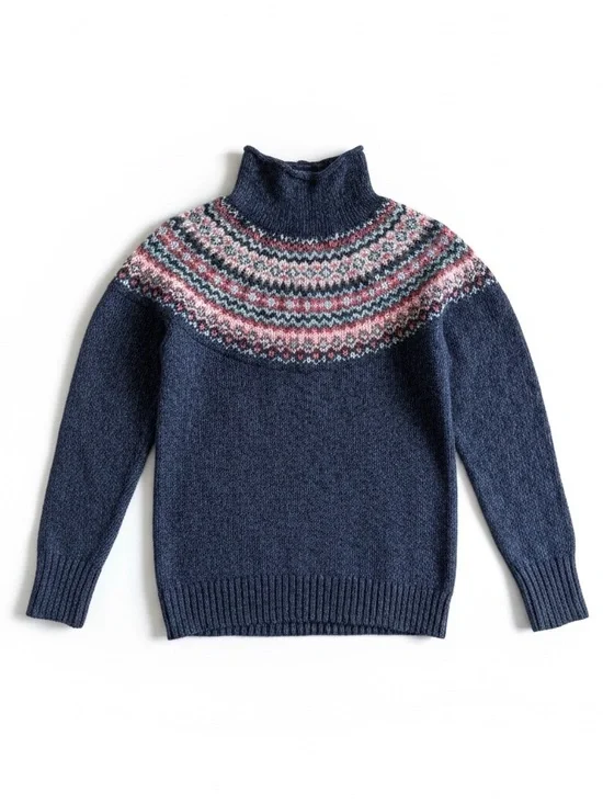 L.L. Bean Cotton Fair Isle Mock Turtleneck Sweater Navy Nordic XS