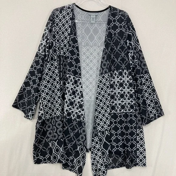 Catherines Open‎ Front Jacket Kimono size 5X Black White Geometric Open Knit