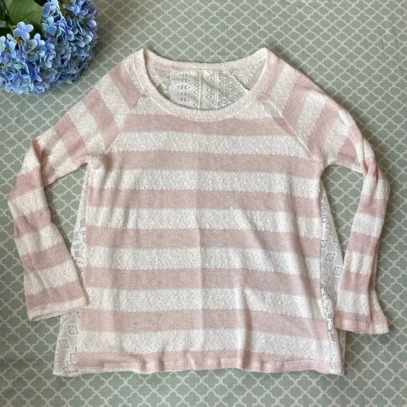 Le Lis Stripe Crewneck Sweater Lace Blouse L