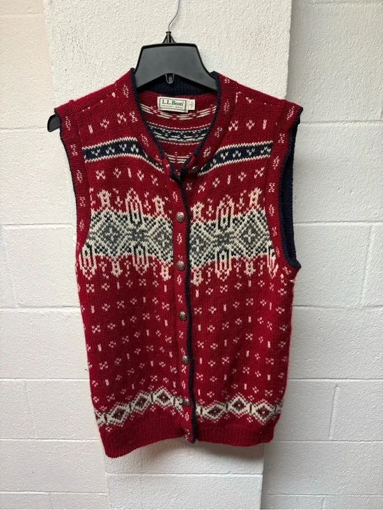 L.L. Bean Red, Navy and Cream Fair Isle Wool Vest