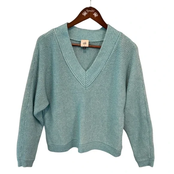 Cabi V-Neck Cotton Blend Knit Sweater Aqua Small Chunky‎ Coastal Oversized
