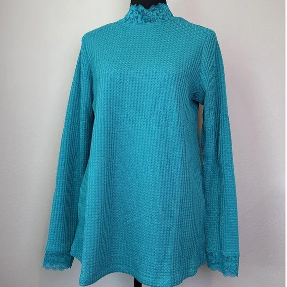 LOGO Lori Goldstein Sweater Womens Small Lace Waffle Tunic Pullover Top‎ Pockets