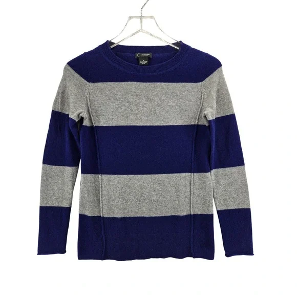 C by Bloomingdales Cashmere Sweater‎ Womens XS Blue Gray Striped Crew Neck 2-Ply