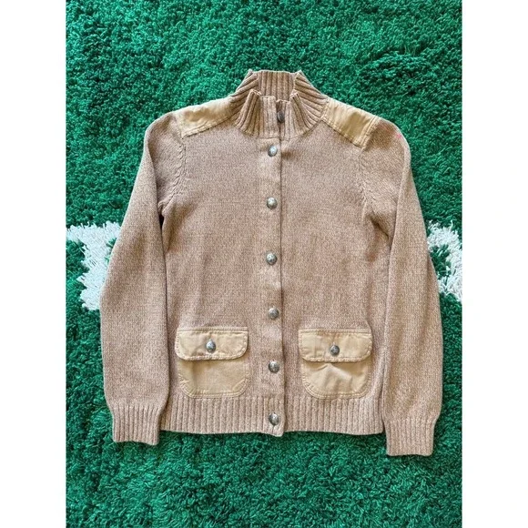 Tan Knit‎ Button Front Cardigan Sweater Canvas Shoulder Patches Metal Buttons