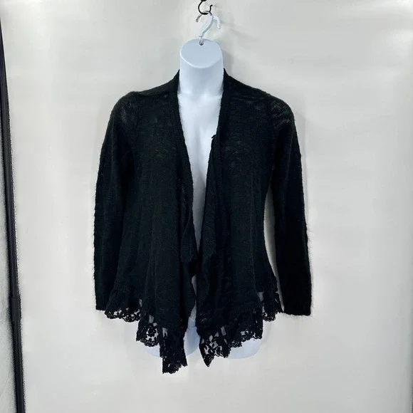 Lace Trim Cardigan Womens XL‎ Black Open Front Boho Romantic Goth Fairy Coquette