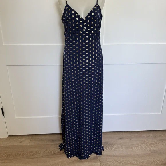Michael Michael Kors Navy Gold Metallic Medallion Print Maxi Dress Womens M
