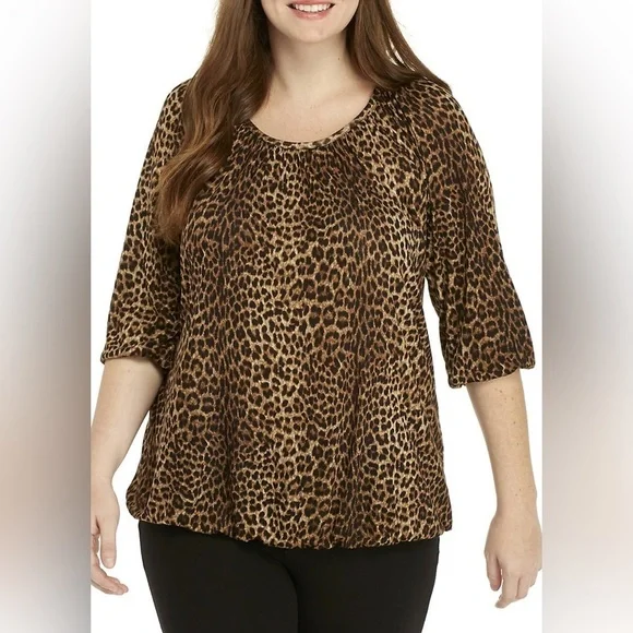 Nwt Michael Kors leopard print gathered round neck top with ruffled sleeves M