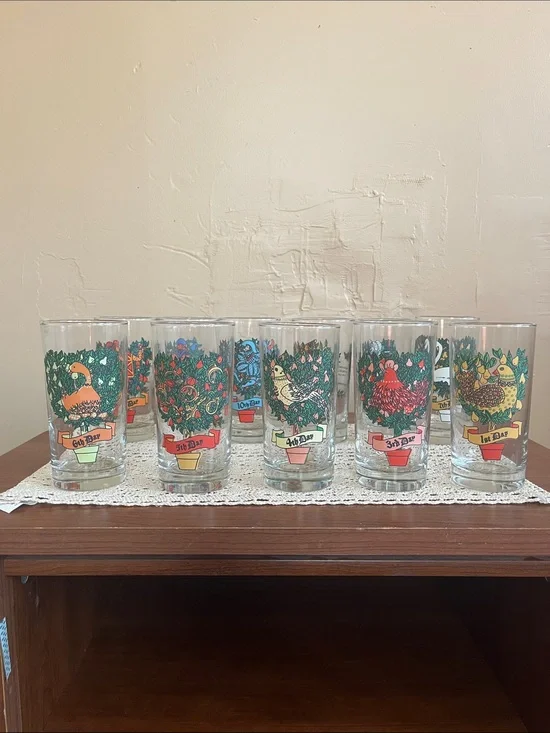 Set of 11 Decorative Holiday Glass Tumblers - Colorful Botanical Designs