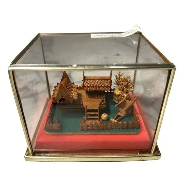 VINTAGE Handmade Teak Wood Thailand House Glass Metal Shadowbox Diorama Souvenir