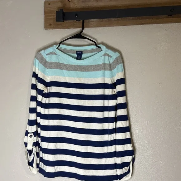 IZOD Sweater Striped Women's Small Blue White Mint Roll Tab Sleeve Nautical‎