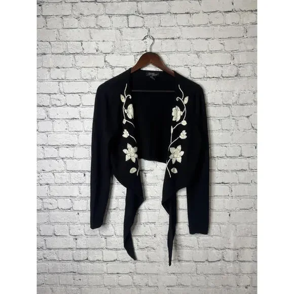 SML‎ Design Women's Black Wrap Sweater with Floral Embroidery