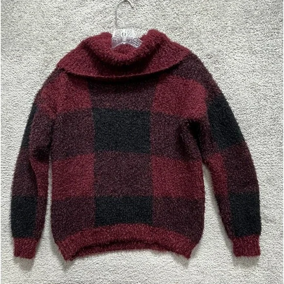 Lee Sweater Women's Medium Black Red Plaid Cowl Neck Pullover Block Jumbo Square