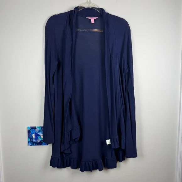 Lilly Pulitzer Navy Blue Ruffle Hem Open Front Cardigan Sweater Large Preppy