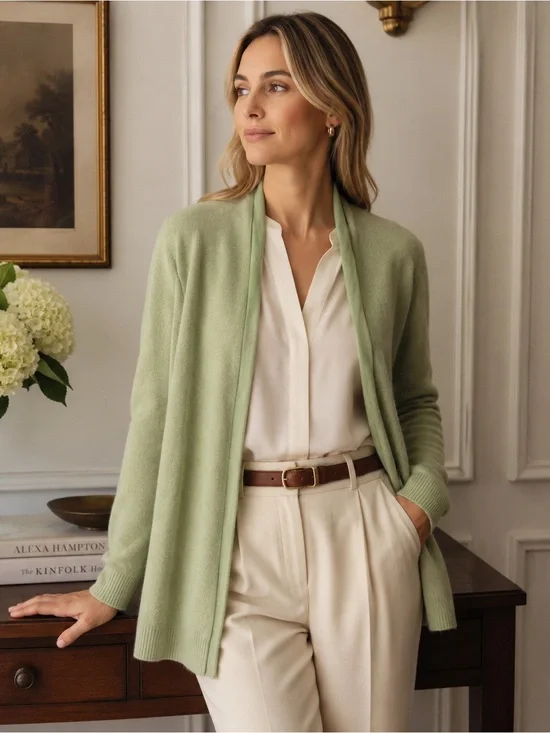 100% Cashmere Open Front Talbots Cardigan Sweater Sage Green Size Large