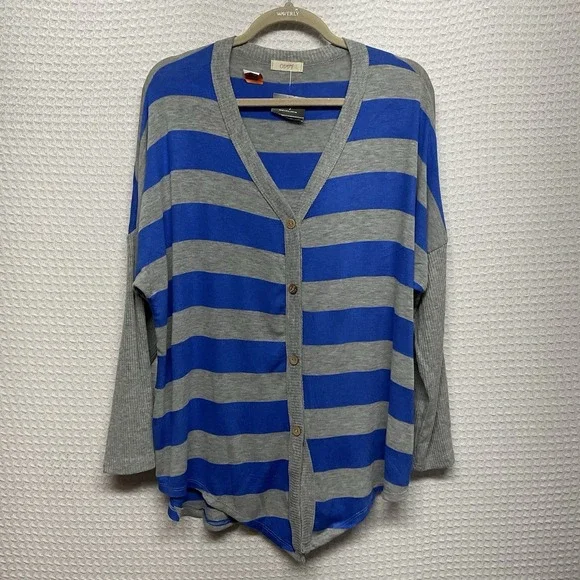 NEW ODDY V-Neck Knit Sweater Women's‎ XL Gray Blue Striped Button Cardigan Y2K