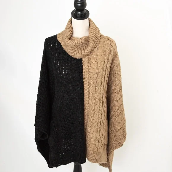 Cable knit sweater poncho black & camel XL/1X Brittany Humble