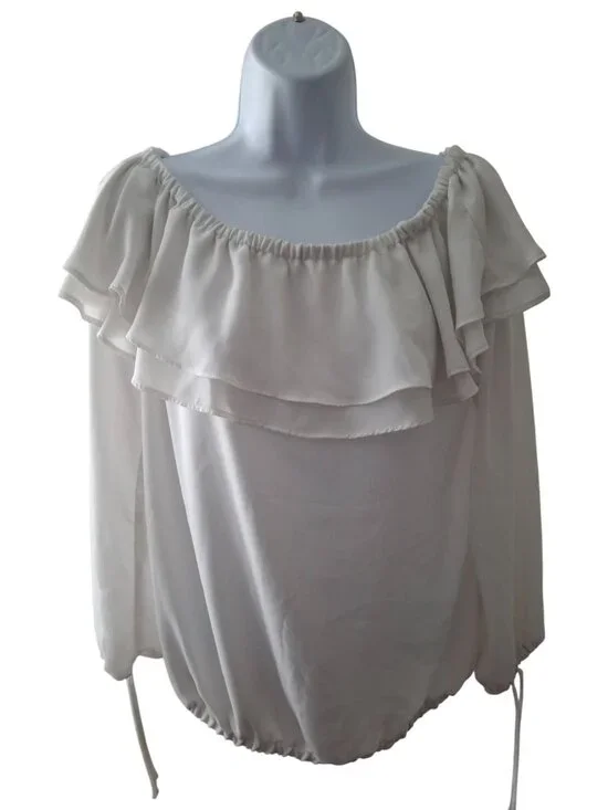 Michael Kors White Off Shoulder Ruffle Blouse S Boho Coastal Quiet Luxury Top