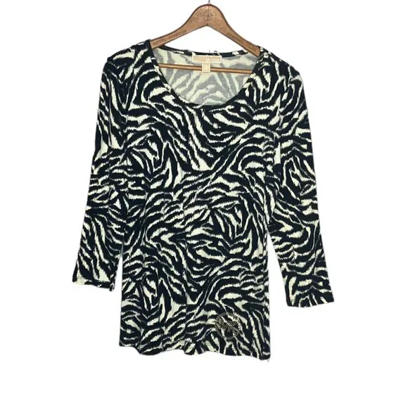 Vintage Y2K 00s‎ Michael Kors S Black Zebra Scoop Neck Rhinestone Logo Top Tee