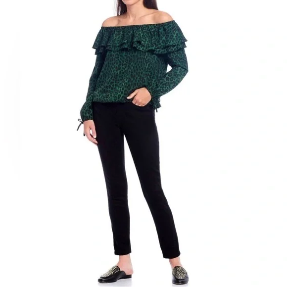 Michael Kors Green/Black Leopard Print Off Shoulder Top Size L