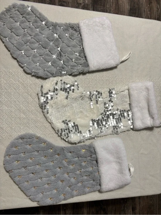 Plush Sequin Holiday Stocking Trio - Gray, Silver, Cream