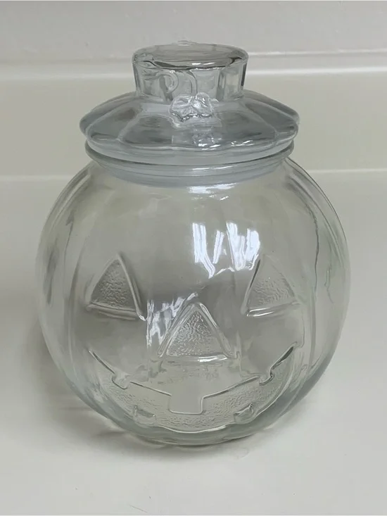 Vtg Clear Glass Jack O'Lantern Pumpkin Candy Jar w/ Lid 6.5