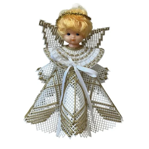 Vintage Angel Christmas Tree Topper White Gold Embelishments 8.5” Tall MCM blond