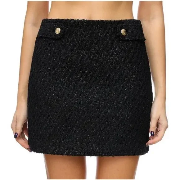 Michael Kors Black Tweed Boucle Mini Skirt Gold Button Size 8 NWT
