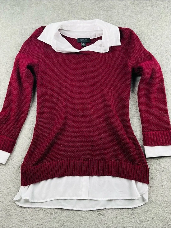 AB Studio Burgundy Crewneck Sweater with White Shirt Hem
