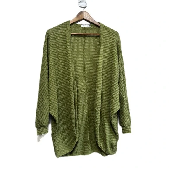 Culture Code Cardigan Women Medium Green Excellent Waffle Knit Batwing CHT11804L