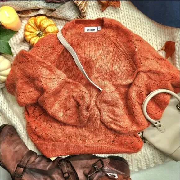 Weekday Oversized Mohair Blend Sweater XS Rust Orange‎ Balloon Sleeve Knit