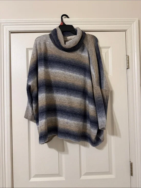 LOFT Striped Cowl Neck Sweater in Blue, Gray, Tan