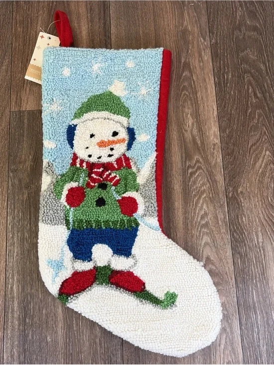 Macy's Holiday Lane Snowman on Ski's Skiing Hooked Wool Christmas Stocking 18.5