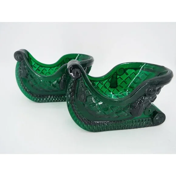 Vintage Green Hard Plastic Christmas Sleigh Candy Dish Pair of 2