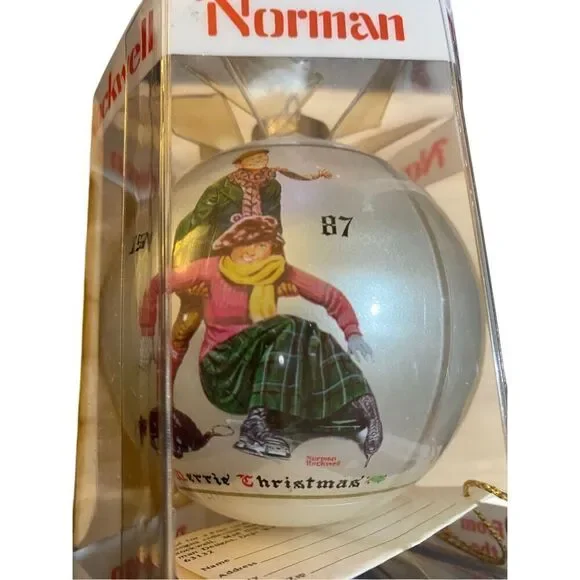 Vintage Norman Rockwell, 1987 skating glass ball ornament in box