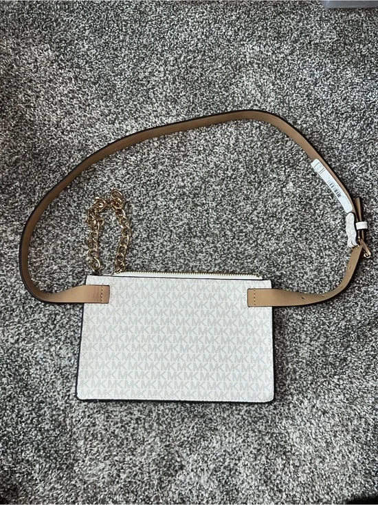 Michael Kors White Signature Fanny Pack Bag with Tan Strap