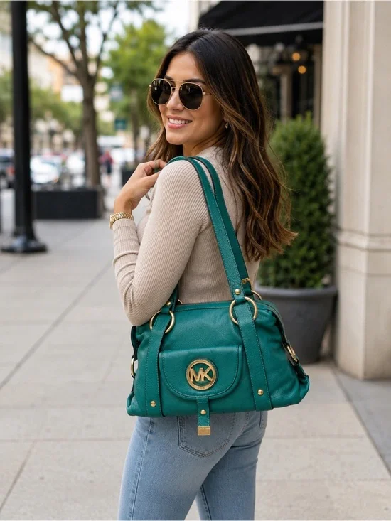 Michael Kors Fulton Leather Satchel Teal Green