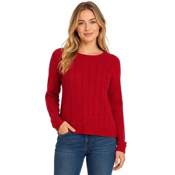 Lands' End Sweater Womens Medium Red Cable Knit Crew Neck Cotton Pullover Raglan