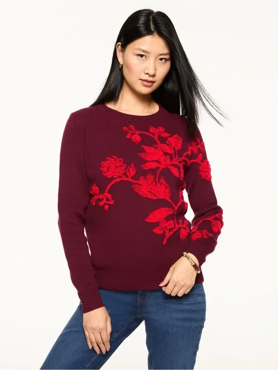 Talbots Burgundy Placed Floral Crewneck Pullover Cotton Sweater Textured XL NEW