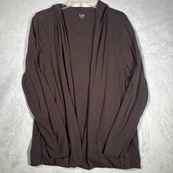 Eileen Fisher Cardigan Womens M Brown Hooded Open Front‎ Sweater Pockets Comfy