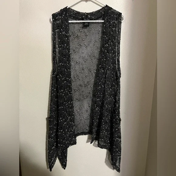 KATIE TODD Classic Open Weave Sleeveless Cardigan Black White Women's‎ Size S/M