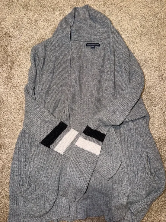 Gray Knit Cardigan with Black and White Stripe Cuffs